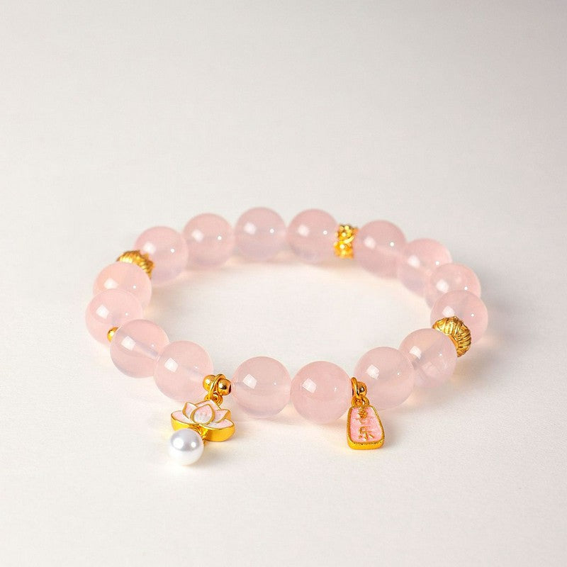 Buddha Stones Natural Rose Quartz Clear Quartz Lotus Charm Love Bracelet