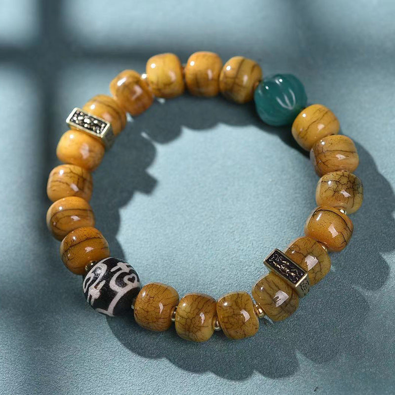EverestArtstudios Camel Bone Agate Dzi-Style Copper Accent Bracelet