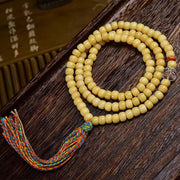 EverestArtstudios Natural Yak Bone Barrel-Bead 108-Bead Mala with Glass and Agate Accents