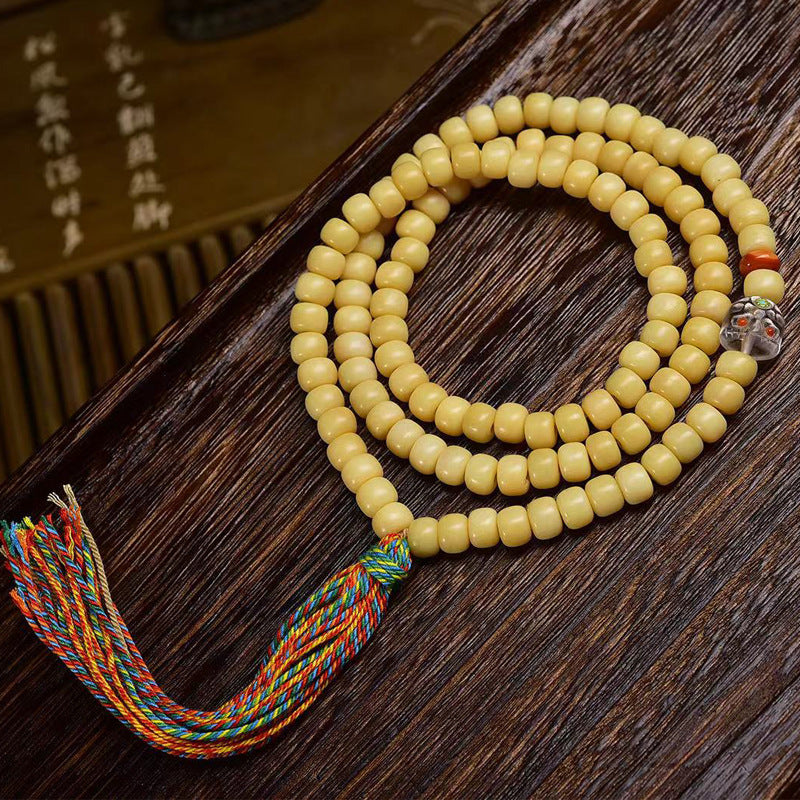 EverestArtstudios Natural Yak Bone Barrel-Bead 108-Bead Mala with Glass and Agate Accents