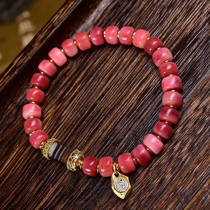 EverestArtstudios Camel Bone Crimson Barrel Bead Agate Bracelet