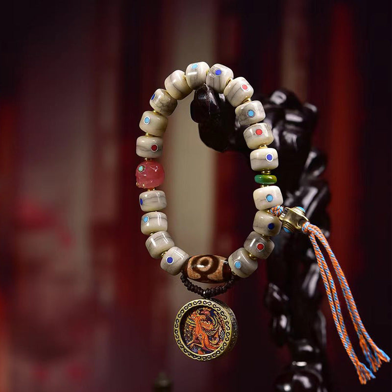 EverestArtstudios Camel Bone Multicolor Inlay Thangka Charm Bracelet