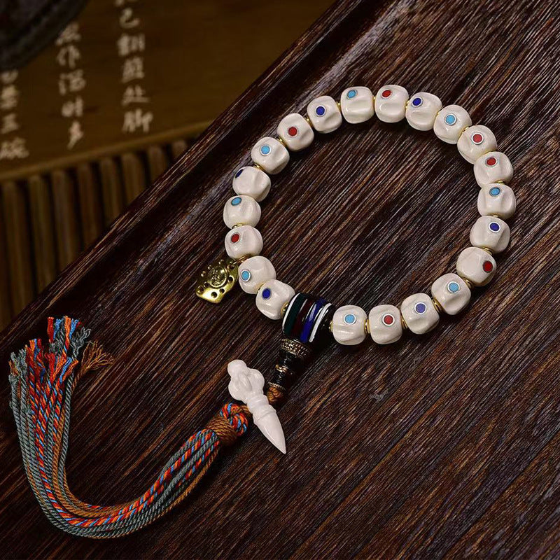EverestArtstudios Bone Inlaid Bead Agate Dzi-Style Bracelet