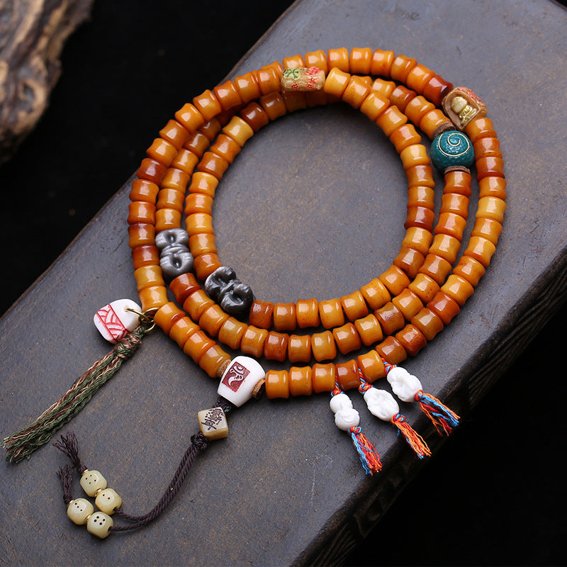 Tibetan return yak bone carving bamboo 108 Buddha beads plate playing beaded obsidian deer bone tee accessories