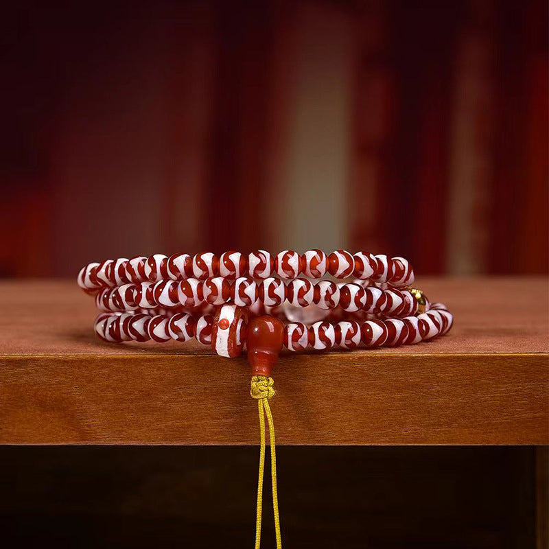 EverestArtstudios Natural Tiger-Tooth Dzi and Amethyst 108-Bead Tibetan Mala