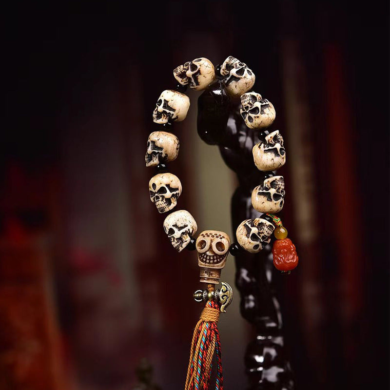 EverestArtstudios Camel Bone Sculpted Skull Bead Bracelet