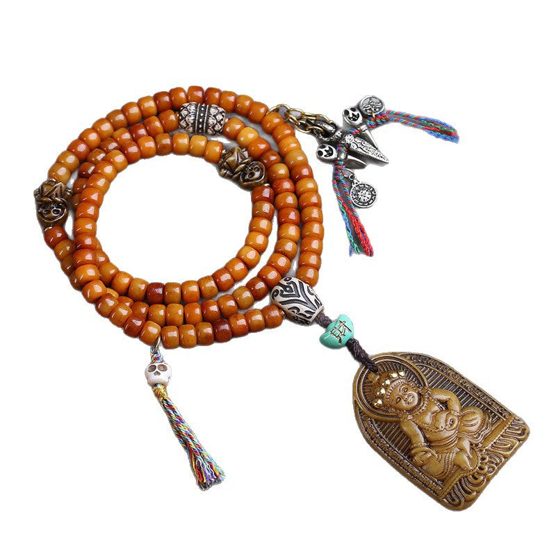 Tibetan return yak bone bucket beads 108 Buddha beads rosary beads engraving yellow God of Wealth pendant camel bone tee accessories