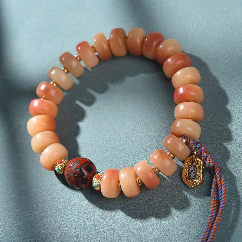 EverestArtstudios Camel Bone Blush Disc Bead Tassel Bracelet