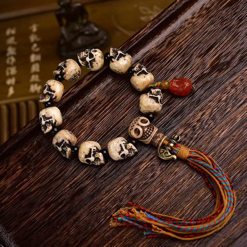 EverestArtstudios Camel Bone Sculpted Skull Bead Bracelet