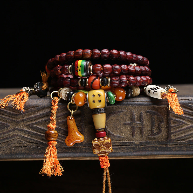 EverestArtstudios Cut Bodhi Seed 108-Bead Mala with Pixiu and Vajra Motif Charms