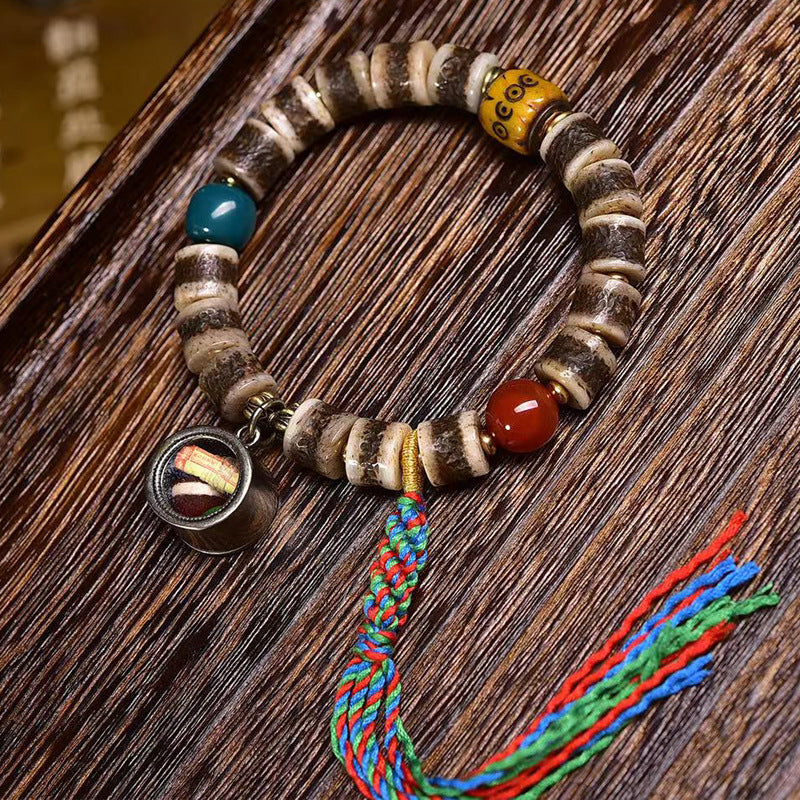 EverestArtstudios Bone Barrel Bead Agate Dzi-Style Bracelet