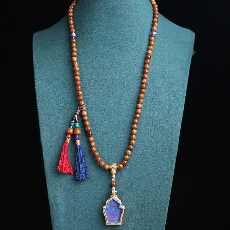 EverestArtstudios Medicine Buddha Symbol 108-Bead Mala with Brown Beads and Colorful Tassels