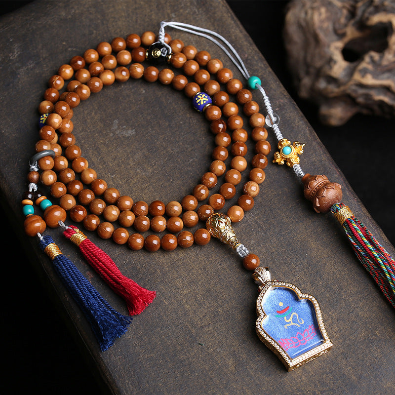 EverestArtstudios Medicine Buddha Symbol 108-Bead Mala with Brown Beads and Colorful Tassels