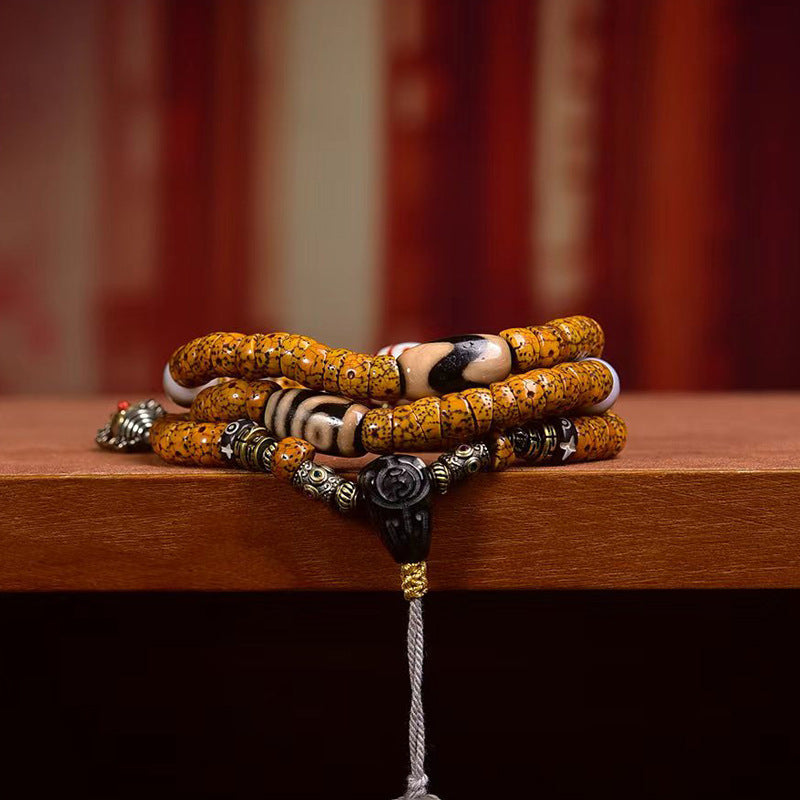 EverestArtstudios Natural Xingyue Bodhi Disc-Bead 108-Bead Mala with Agate and Dzi Accents