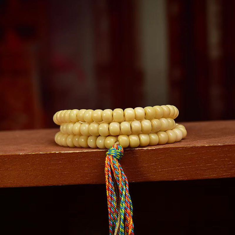 EverestArtstudios Natural Yak Bone Barrel-Bead 108-Bead Mala with Glass and Agate Accents