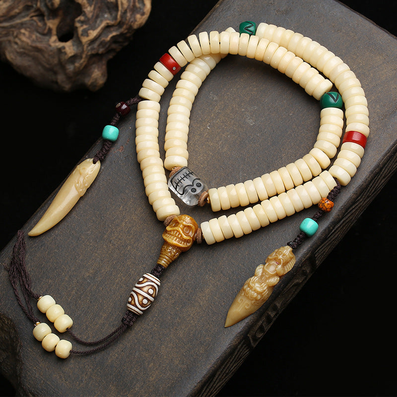 EverestArtstudios Golden-Tone Camel Bone 108-Bead Mala with Carved Accents