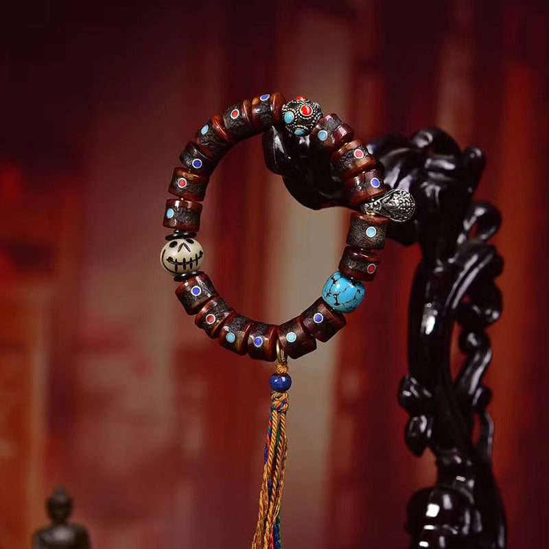 EverestArtstudios Yak Bone Multicolor Inlay Barrel Bead Bracelet