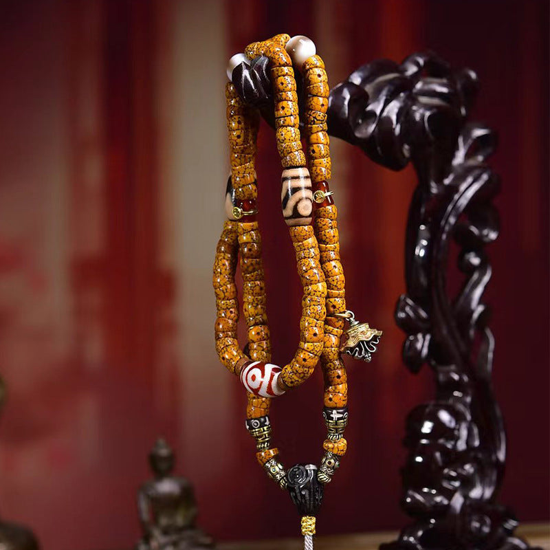 EverestArtstudios Natural Xingyue Bodhi Disc-Bead 108-Bead Mala with Agate and Dzi Accents