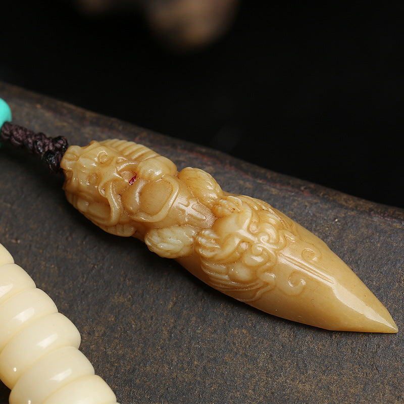 EverestArtstudios Golden-Tone Camel Bone 108-Bead Mala with Carved Accents
