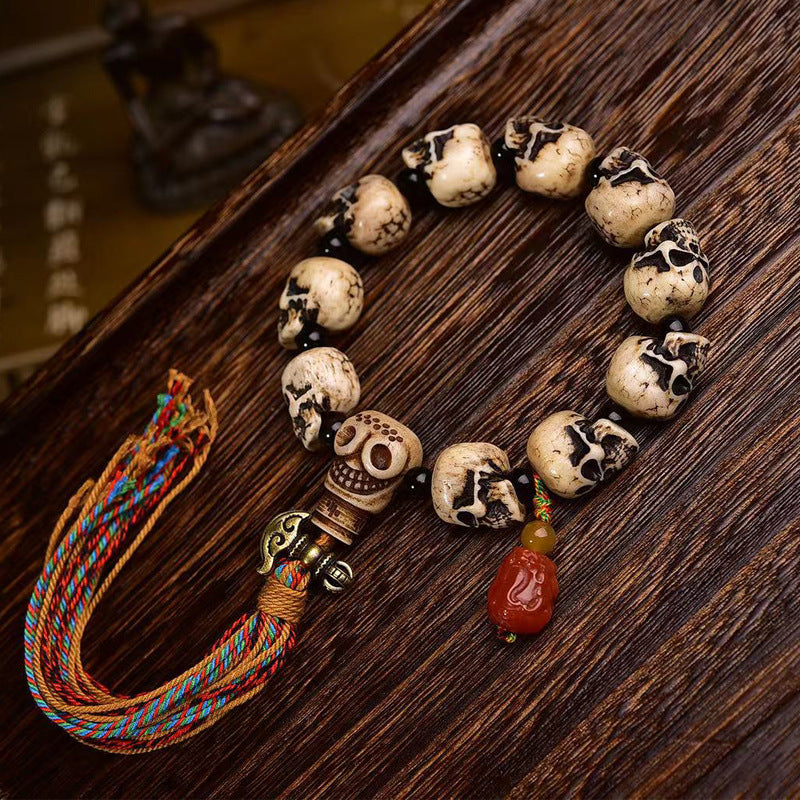 EverestArtstudios Camel Bone Sculpted Skull Bead Bracelet