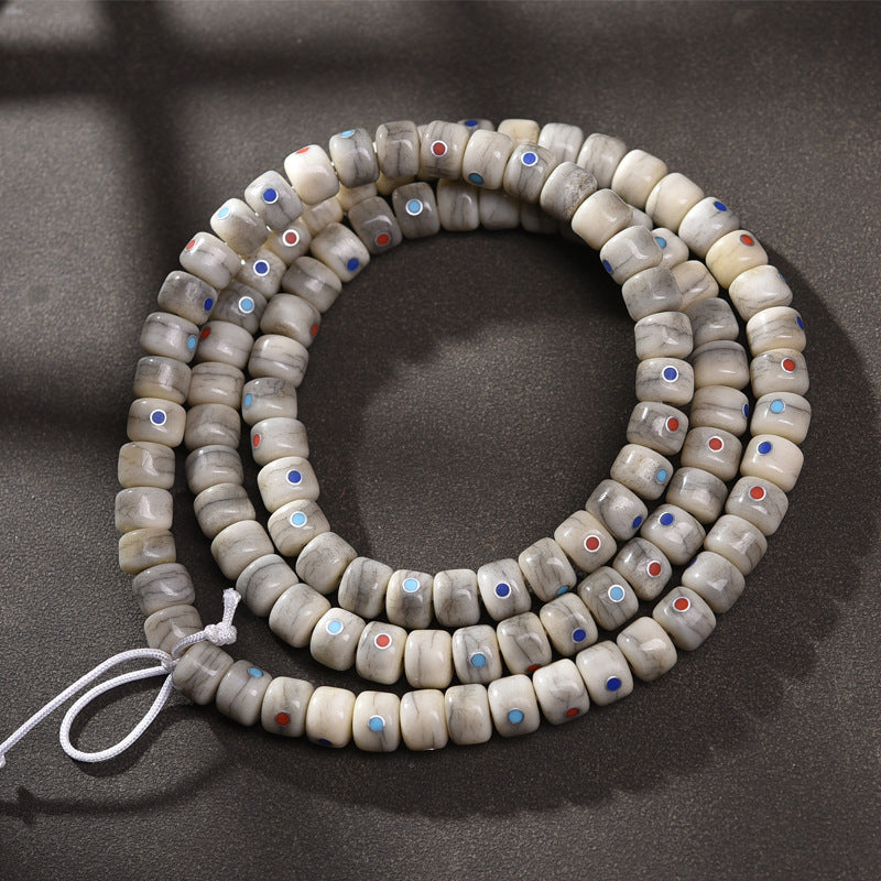 EverestArtstudios Aged Camel Bone Inlaid Multi-Treasure 108-Bead DIY Strand