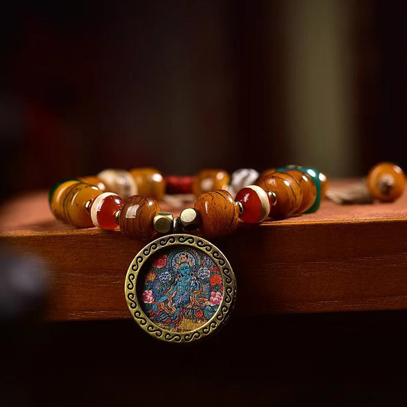 EverestArtstudios Camel Bone Barrel Bead Green Tara Charm Bracelet