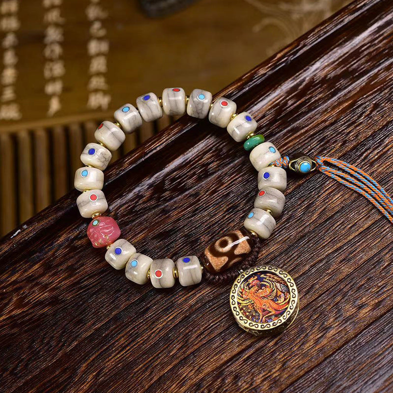EverestArtstudios Camel Bone Multicolor Inlay Thangka Charm Bracelet