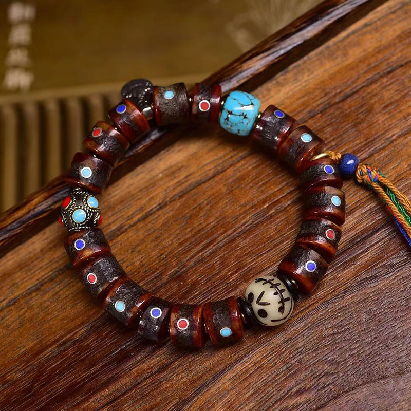 EverestArtstudios Yak Bone Multicolor Inlay Barrel Bead Bracelet