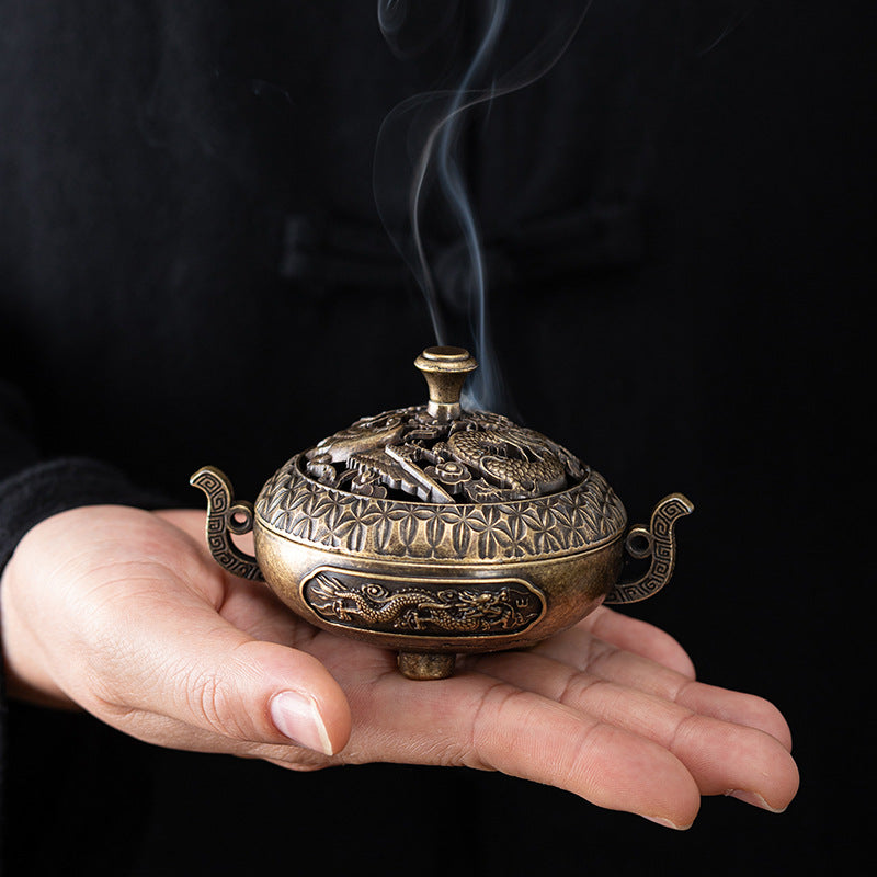 Cross-border explosion binaural antique incense burner exquisite dragon and phoenix pattern three-legged burner household sandalwood burner incense burner desktop ornament
