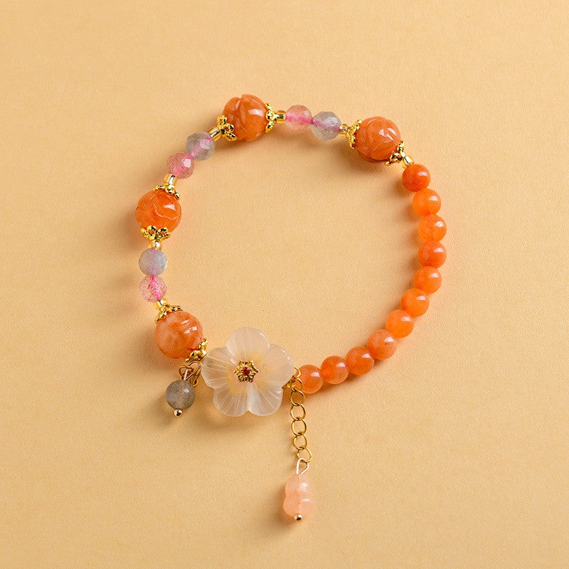 EverestArtstudios Golden Silk Jade Lotus Bead Luck Floral Charm Bracelet