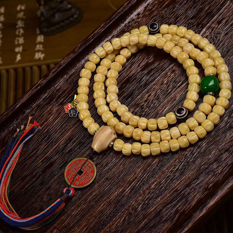EverestArtstudios Natural Carved Deer Bone and Meteorite Passion Seed 108-Bead Mala with Mountain Ghost Coin