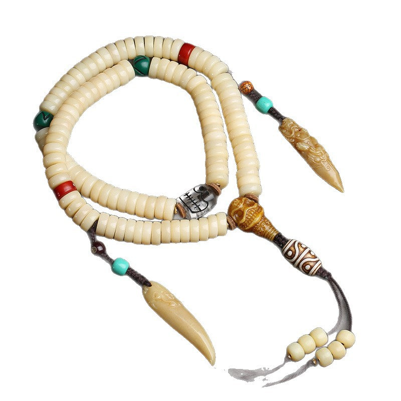 EverestArtstudios Golden-Tone Camel Bone 108-Bead Mala with Carved Accents