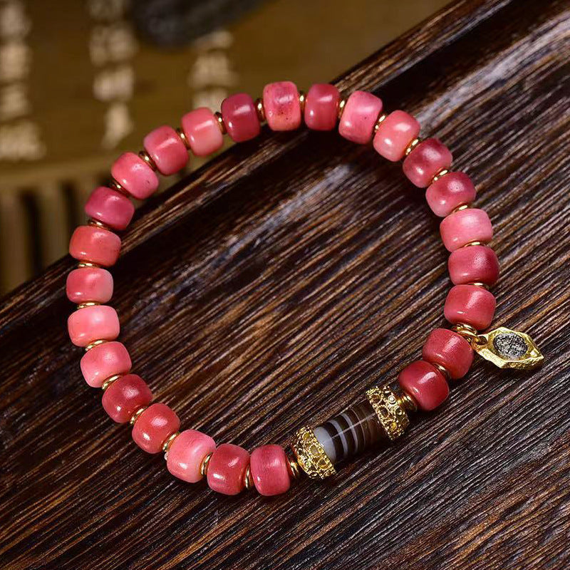 EverestArtstudios Camel Bone Crimson Barrel Bead Agate Bracelet