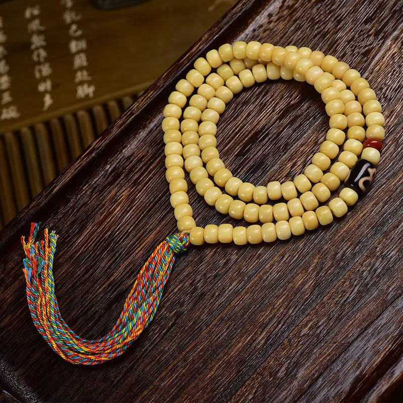 EverestArtstudios Natural Yak Bone Barrel-Bead 108-Bead Mala with Glass and Agate Accents