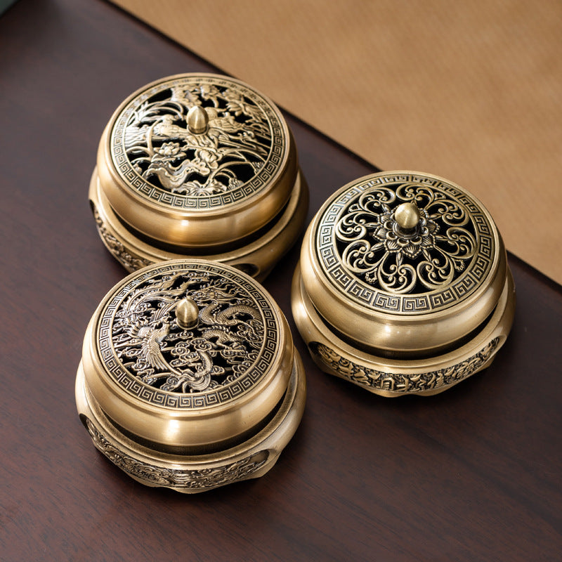 Whole wholesale retro alloy flat-bottomed incense burner, dragon and phoenix plate incense burner, golden lotus seal aromatherapy burner, incense road ornament incense burner