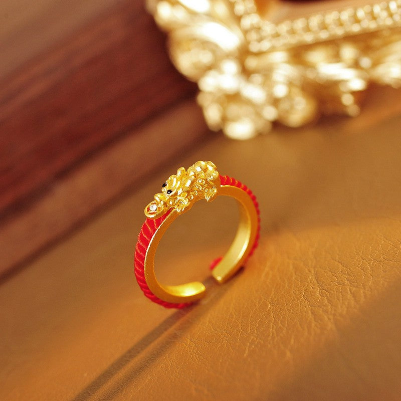Buddha Stones Copper Pi Xiu Chinese Coin Wealth Braided Open Ring