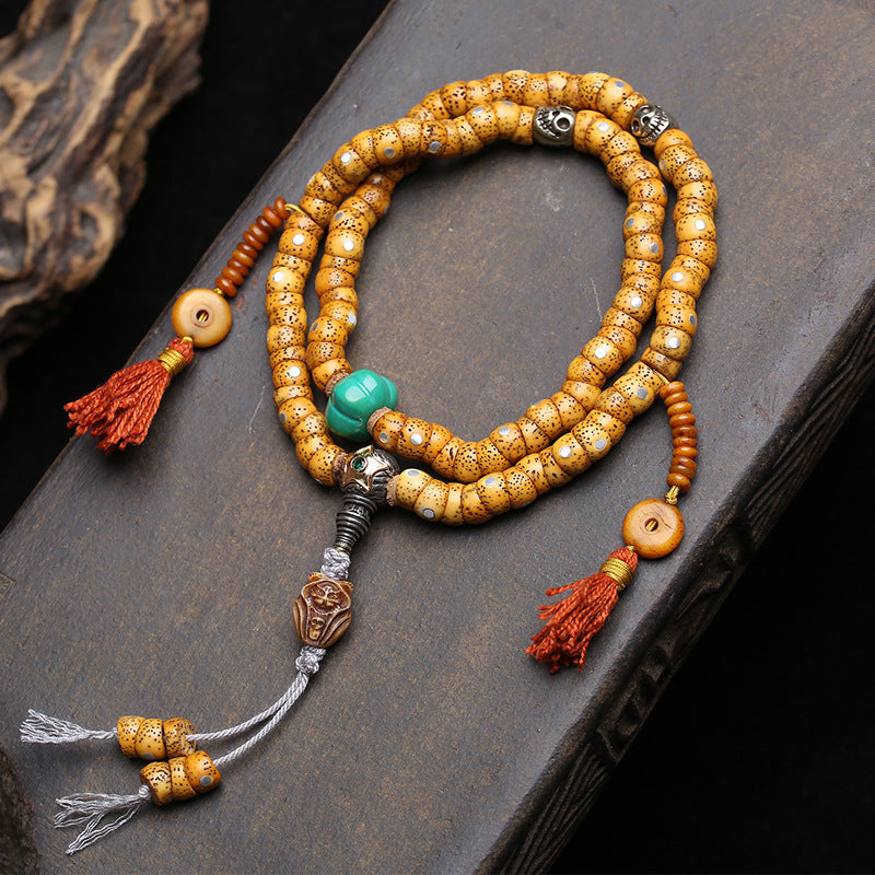 Natural opening old material Xingyue Bodhi large intestine beads 108 Buddha beads rosary beads return bone copper waist beads tee accessories