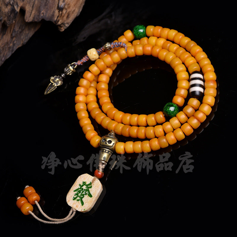 EverestArtstudios Natural Golden-Yellow Camel Bone 108-Bead Tibetan Mala with Tassel