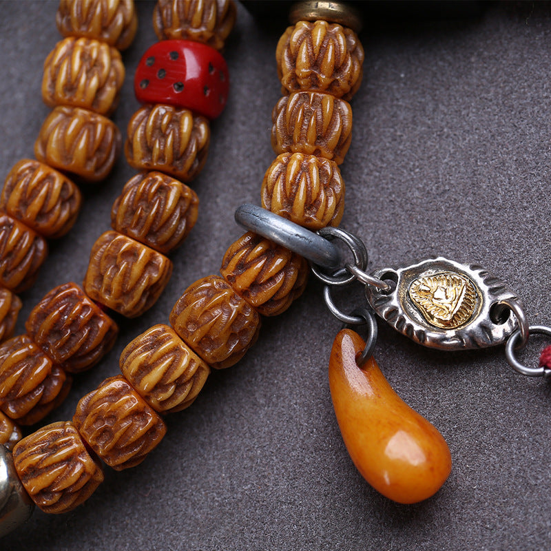EverestArtstudios Carved Yak Bone 108-Bead Mala with Camel Bone and Sandalwood Accents