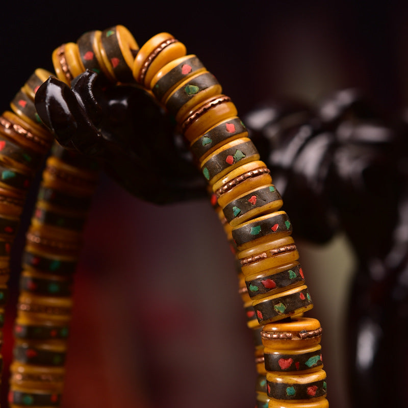 EverestArtstudios Aged Tibetan Yak Bone Inlaid Multi-Treasure 108-Bead DIY Strand