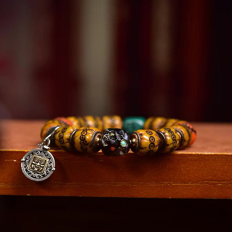 EverestArtstudios Yak Bone Carved Inlay Bead Bracelet
