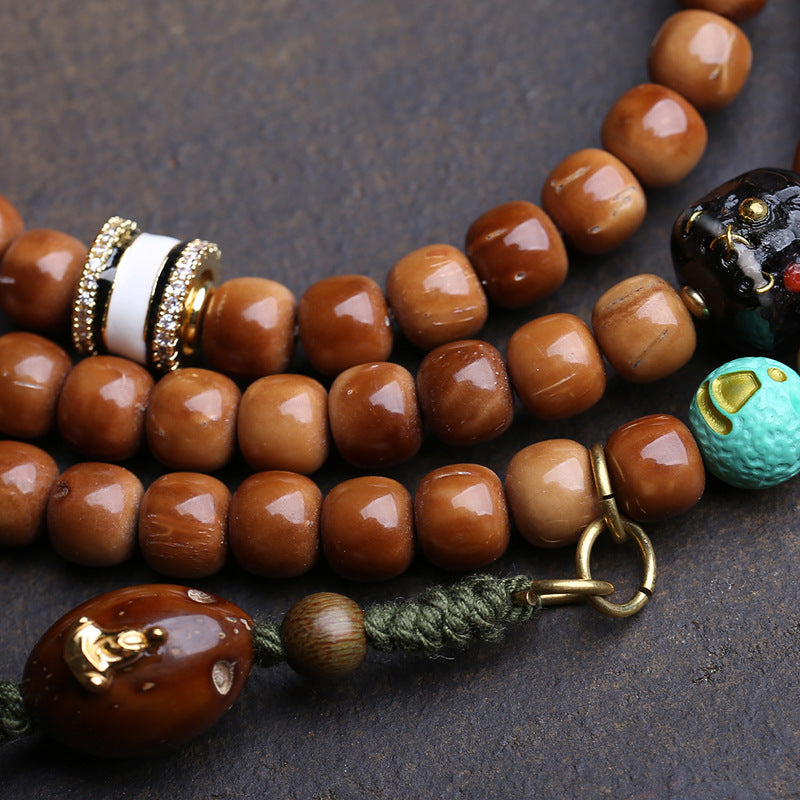 Natural Cook 108 Buddha Beads, Rosary Beads, Barrel Beads, Phoenix Eye, Bodhi Agate Line Beads, Return Bone, Antlers Tee Accessories
