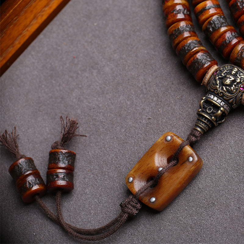 EverestArtstudios Yak Bone 108-Bead Mala with Wealth Deity and Mantra Motifs
