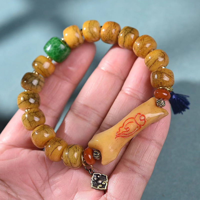 EverestArtstudios Camel Bone Agate Dzi-Style Copper Accent Bracelet