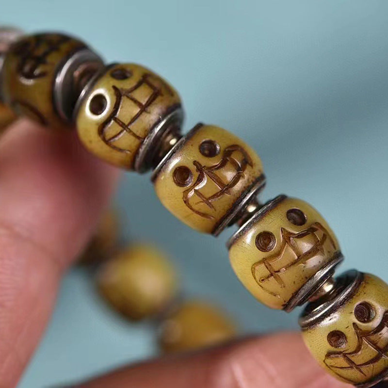 EverestArtstudios Camel Bone Copper Inlay Carved Bead Bracelet