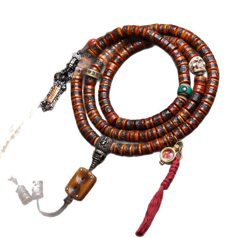 EverestArtstudios Yak Bone 108-Bead Mala with Wealth Deity and Mantra Motifs