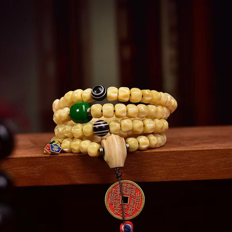 EverestArtstudios Natural Carved Deer Bone and Meteorite Passion Seed 108-Bead Mala with Mountain Ghost Coin