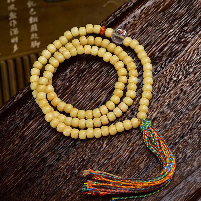 EverestArtstudios Natural Yak Bone Barrel-Bead 108-Bead Mala with Glass and Agate Accents