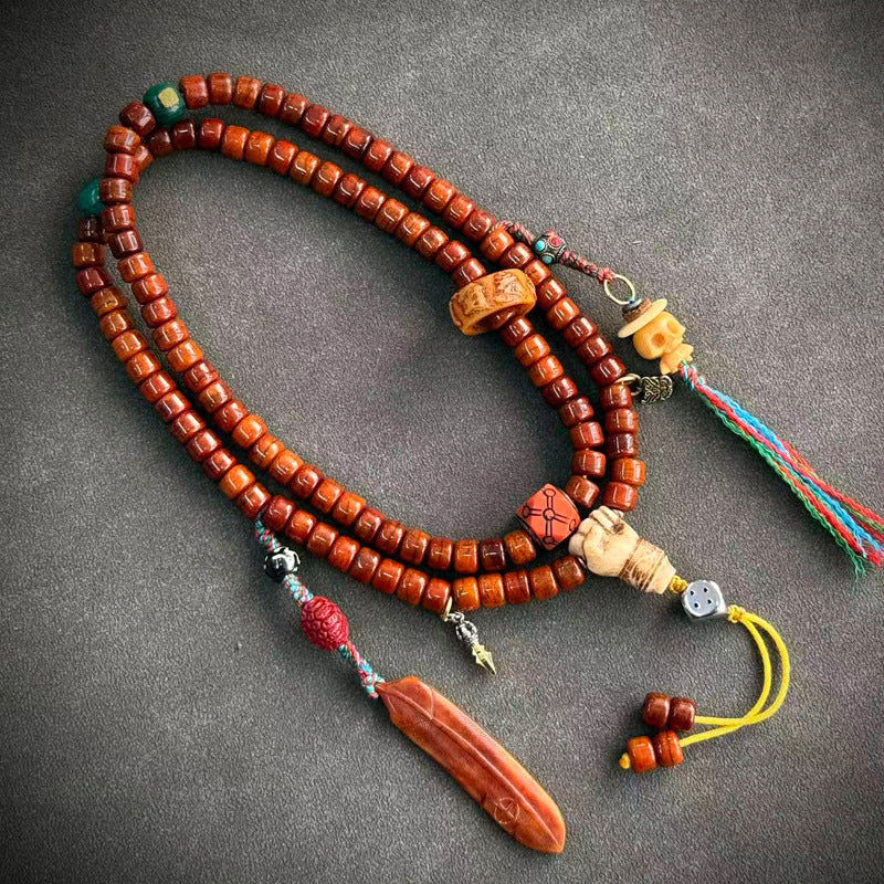 EverestArtstudios Tibetan Vintage Yak Bone 108-Bead Mala with Agate and Glass Accents