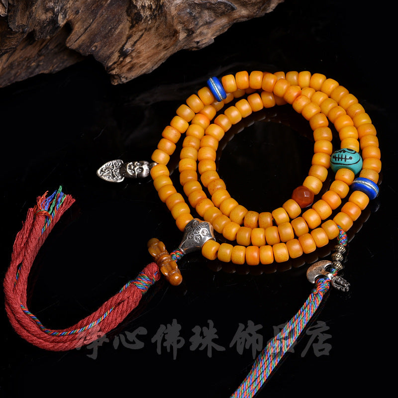 EverestArtstudios Natural Golden-Yellow Camel Bone 108-Bead Tibetan Mala with Tassel
